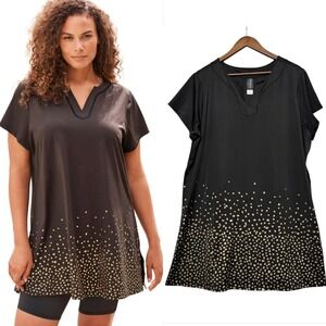 Swim365 Tunic Swimwear Dress Women 22 Black Gold Ombre Dot V-Neck Short‎ Sleeve